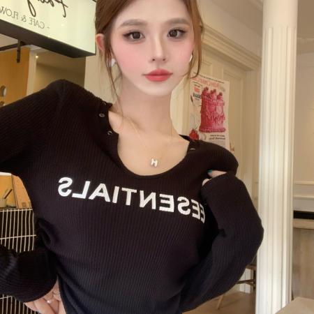 FA56349#坑条美式复古v领长袖T恤秋季辣妹收腰短款打底衫内搭上衣 服裝批發女裝批發服飾貨源