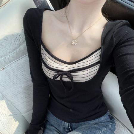 FA56351#人棉莫代尔方领蝴蝶结撞色条纹长袖T恤秋冬修身上衣 服裝批發女裝批發服飾貨源