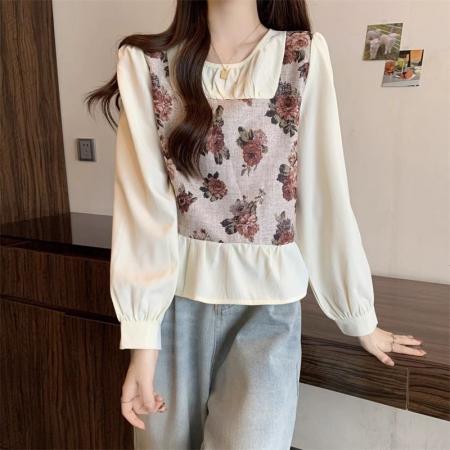 FA56352#新款假两件碎花长袖女春季胖MM遮肚子显瘦减龄上衣 服裝批發女裝批發服飾貨源