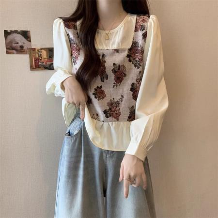 FA56352#新款假两件碎花长袖女春季胖MM遮肚子显瘦减龄上衣 服裝批發女裝批發服飾貨源
