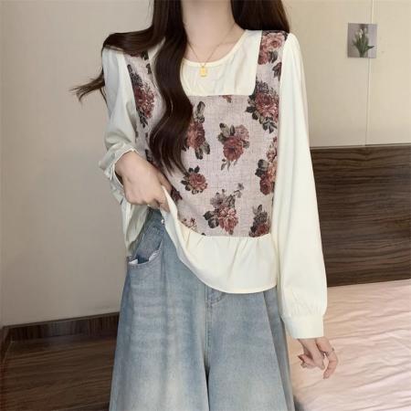 FA56352#新款假两件碎花长袖女春季胖MM遮肚子显瘦减龄上衣 服裝批發女裝批發服飾貨源
