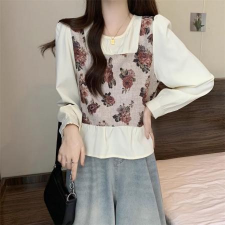 FA56352#新款假两件碎花长袖女春季胖MM遮肚子显瘦减龄上衣 服裝批發女裝批發服飾貨源