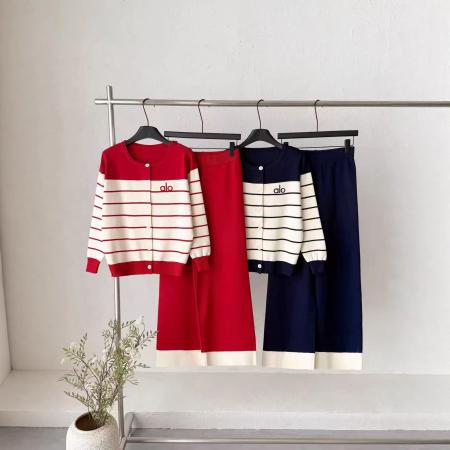 FA56355#跨境新款韩系圆领条纹字母刺绣慵懒高级感针织上衣阔腿裤两件套 服裝批發女裝批發服飾貨源