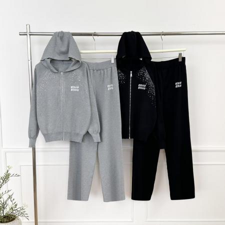 FA56356#跨境连帽款式时尚字母新款刺绣休闲拉链针织外套阔腿裤两件套 服裝批發女裝批發服飾貨源