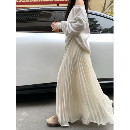 FA56357#新款韩版松紧腰百褶裙宽松百搭显瘦长款A字裙半身裙女 服裝批發女裝批發服飾貨源