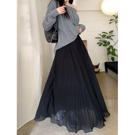 FA56357#新款韩版松紧腰百褶裙宽松百搭显瘦长款A字裙半身裙女 服裝批發女裝批發服飾貨源