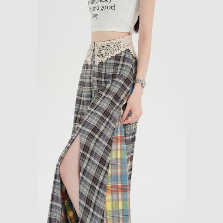 FA56358#复古蕾丝拼接撞色格纹半身裙女新款高腰A字显瘦百搭长裙 服裝批發女裝批發服飾貨源