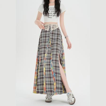 FA56358#复古蕾丝拼接撞色格纹半身裙女新款高腰A字显瘦百搭长裙 服裝批發女裝批發服飾貨源