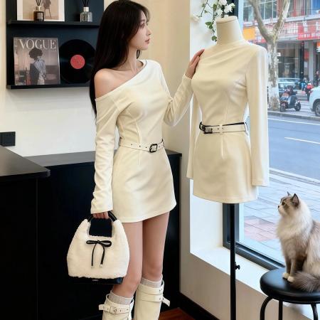 FA56359#辣妹穿搭白色斜肩气质感连衣裙特别漂亮掐腰包臀裙子 服裝批發女裝批發服飾貨源