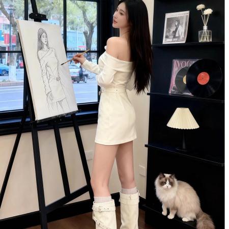 FA56359#辣妹穿搭白色斜肩气质感连衣裙特别漂亮掐腰包臀裙子 服裝批發女裝批發服飾貨源