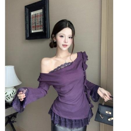 FA56361#大码胖mm纯欲露肩蕾丝边飘带长袖T恤女秋季性感修身显瘦紫色上衣 服裝批發女裝批發服飾貨源