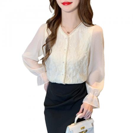 FA56363#春季时尚法式轻熟小众上衣v领蕾丝衫花边衬衫女长袖小衫 服裝批發女裝批發服飾貨源