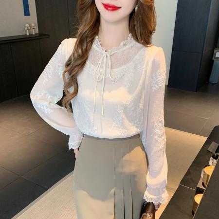 FA56365#春季法式甜美刺绣花朵立领系带蕾丝衫女气质时尚上衣潮 服裝批發女裝批發服飾貨源