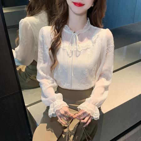 FA56365#春季法式甜美刺绣花朵立领系带蕾丝衫女气质时尚上衣潮 服裝批發女裝批發服飾貨源