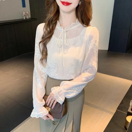 FA56365#春季法式甜美刺绣花朵立领系带蕾丝衫女气质时尚上衣潮 服裝批發女裝批發服飾貨源