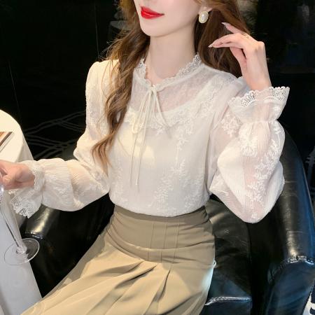 FA56365#春季法式甜美刺绣花朵立领系带蕾丝衫女气质时尚上衣潮 服裝批發女裝批發服飾貨源