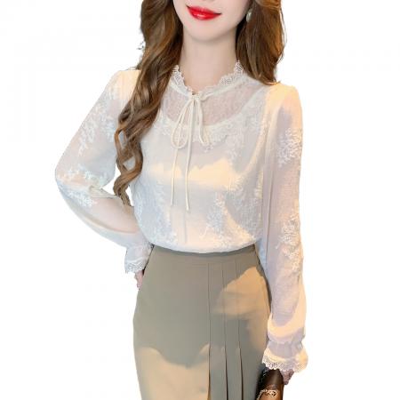FA56365#春季法式甜美刺绣花朵立领系带蕾丝衫女气质时尚上衣潮 服裝批發女裝批發服飾貨源