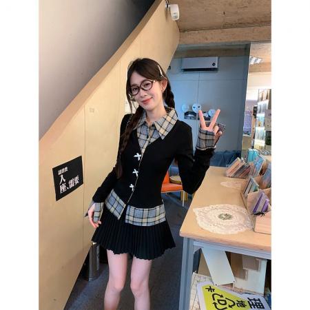 FA56367#甜辣风蝴蝶结长袖女秋冬假两件修身拼接格子上衣潮 服裝批發女裝批發服飾貨源