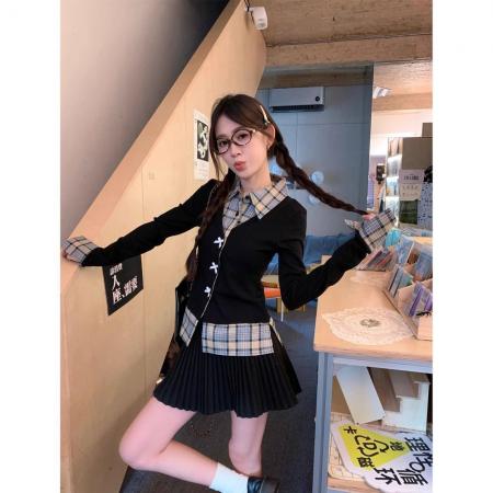 FA56367#甜辣风蝴蝶结长袖女秋冬假两件修身拼接格子上衣潮 服裝批發女裝批發服飾貨源