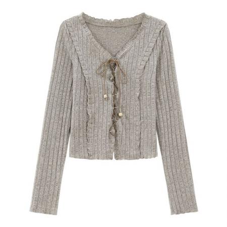 FA56368#甜辣修身长袖早秋绑带短款V领长袖上衣女 服裝批發女裝批發服飾貨源