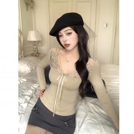 FA56369#蕾丝拼接v领T恤女冬季修身内搭打底衫性感长袖上衣 服裝批發女裝批發服飾貨源