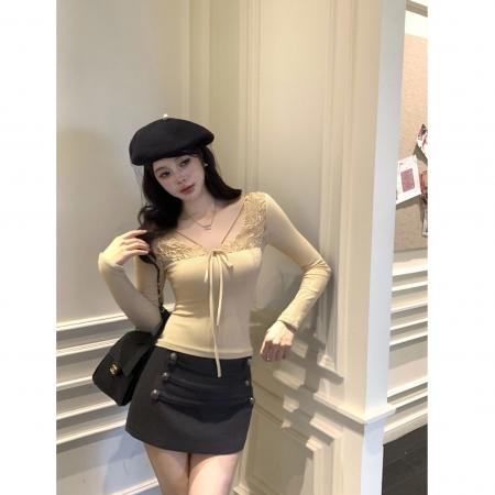 FA56369#蕾丝拼接v领T恤女冬季修身内搭打底衫性感长袖上衣 服裝批發女裝批發服飾貨源