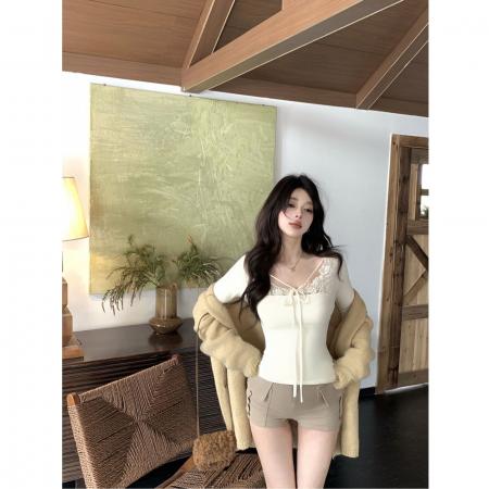 FA56369#蕾丝拼接v领T恤女冬季修身内搭打底衫性感长袖上衣 服裝批發女裝批發服飾貨源