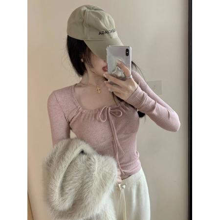 FA56370#纯欲系带方领性感修身打底衫粉色长袖t恤女显瘦小众春秋季 服裝批發女裝批發服飾貨源