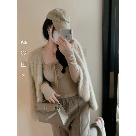 FA56370#纯欲系带方领性感修身打底衫粉色长袖t恤女显瘦小众春秋季 服裝批發女裝批發服飾貨源