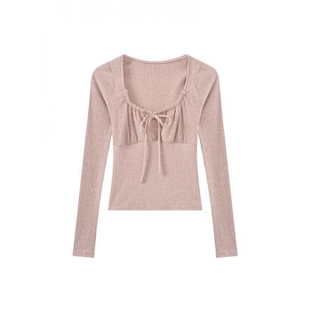 FA56370#纯欲系带方领性感修身打底衫粉色长袖t恤女显瘦小众春秋季 服裝批發女裝批發服飾貨源