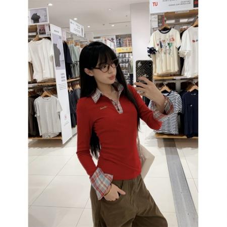 FA56371#设计感polo领长袖女秋假两件格子拼接打底上衣 服裝批發女裝批發服飾貨源
