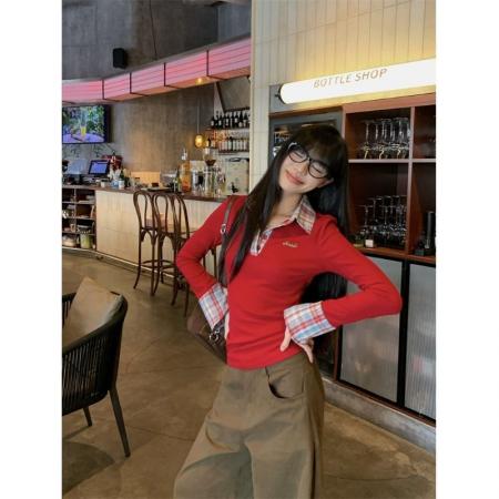 FA56371#设计感polo领长袖女秋假两件格子拼接打底上衣 服裝批發女裝批發服飾貨源
