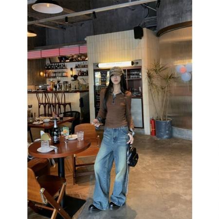 FA56371#设计感polo领长袖女秋假两件格子拼接打底上衣 服裝批發女裝批發服飾貨源