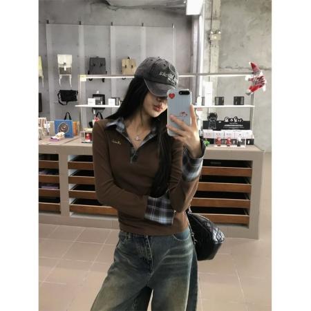 FA56371#设计感polo领长袖女秋假两件格子拼接打底上衣 服裝批發女裝批發服飾貨源