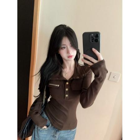 FA56372#设计感别致气质长袖T恤女冬季百搭修身显瘦打底上衣 服裝批發女裝批發服飾貨源