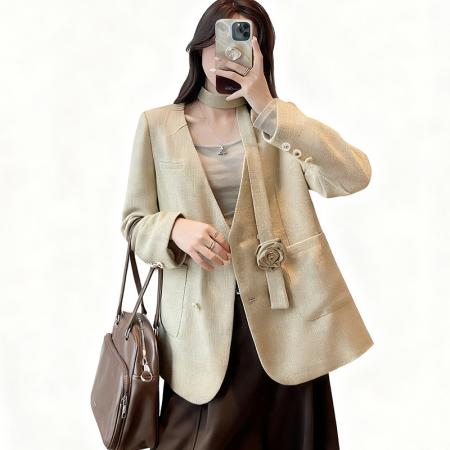 FA56374# 早春纯亚麻简约法式优雅大方气质时尚轻薄豆沙绿西装外套飘带 服裝批發女裝批發服飾貨源