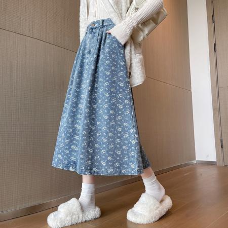 FA56376# 民族风绣花深蓝色百搭牛仔半身裙长裙气质牛仔裙女休闲大摆裙 服裝批發女裝批發服飾貨源