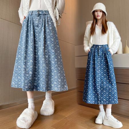 FA56376# 民族风绣花深蓝色百搭牛仔半身裙长裙气质牛仔裙女休闲大摆裙 服裝批發女裝批發服飾貨源