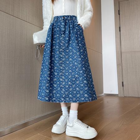 FA56376# 民族风绣花深蓝色百搭牛仔半身裙长裙气质牛仔裙女休闲大摆裙 服裝批發女裝批發服飾貨源