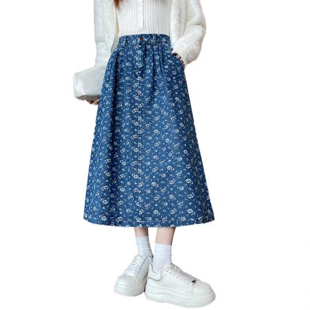 FA56376# 民族风绣花深蓝色百搭牛仔半身裙长裙气质牛仔裙女休闲大摆裙 服裝批發女裝批發服飾貨源