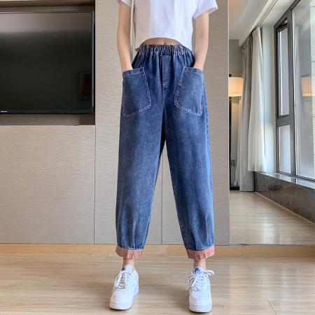 FA56377# 复古休闲牛仔裤女松紧腰大码宽松显瘦文艺彩条拼接九分哈伦裤 服裝批發女裝批發服飾貨源