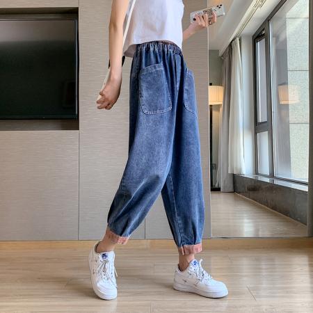 FA56377# 复古休闲牛仔裤女松紧腰大码宽松显瘦文艺彩条拼接九分哈伦裤 服裝批發女裝批發服飾貨源