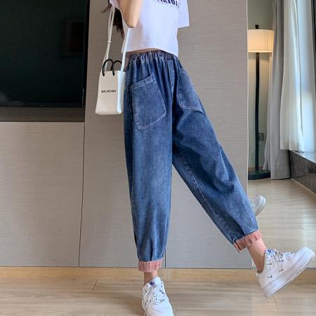 FA56377# 复古休闲牛仔裤女松紧腰大码宽松显瘦文艺彩条拼接九分哈伦裤 服裝批發女裝批發服飾貨源