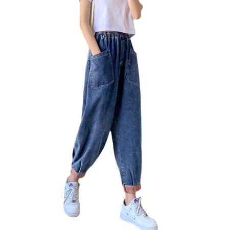 FA56377# 复古休闲牛仔裤女松紧腰大码宽松显瘦文艺彩条拼接九分哈伦裤 服裝批發女裝批發服飾貨源