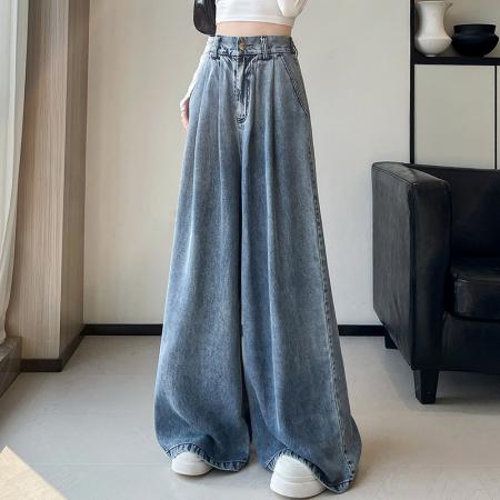 FA56378# 复古阔腿牛仔裤天丝女春夏梨形身材高个子加长宽松直筒拖地裤 服裝批發女裝批發服飾貨源