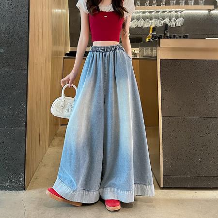 FA56379# 春季卷边复古直筒牛仔裤女美式宽松设计拖地阔腿裤裤裙子女 服裝批發女裝批發服飾貨源