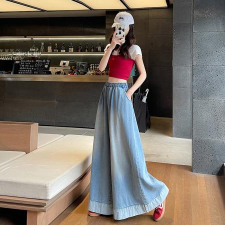 FA56379# 春季卷边复古直筒牛仔裤女美式宽松设计拖地阔腿裤裤裙子女 服裝批發女裝批發服飾貨源