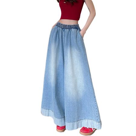 FA56379# 春季卷边复古直筒牛仔裤女美式宽松设计拖地阔腿裤裤裙子女 服裝批發女裝批發服飾貨源