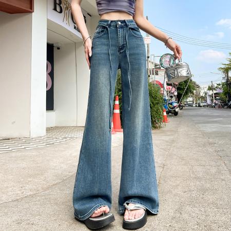 FA56381# 好质量四面弹微喇牛仔裤女春高腰抽绳宽松喇叭裤拖地 服裝批發女裝批發服飾貨源