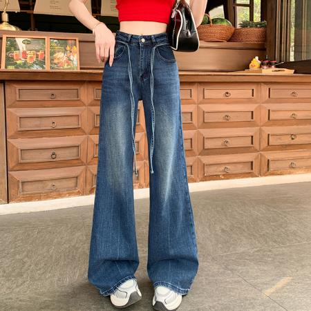 FA56381# 好质量四面弹微喇牛仔裤女春高腰抽绳宽松喇叭裤拖地 服裝批發女裝批發服飾貨源